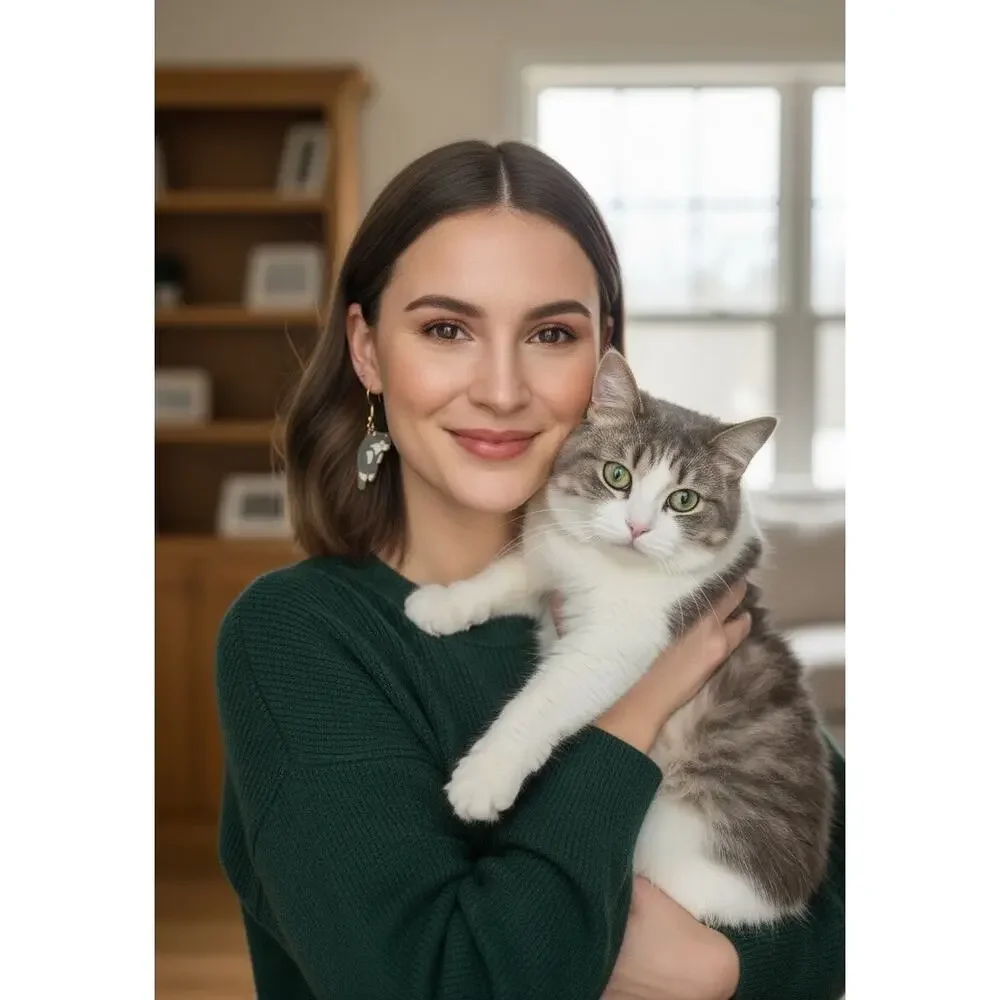 Handmade Gray White Cat Dangle Earrings Gold Tone Cute Kitty Jewelry 🐈‍⬛